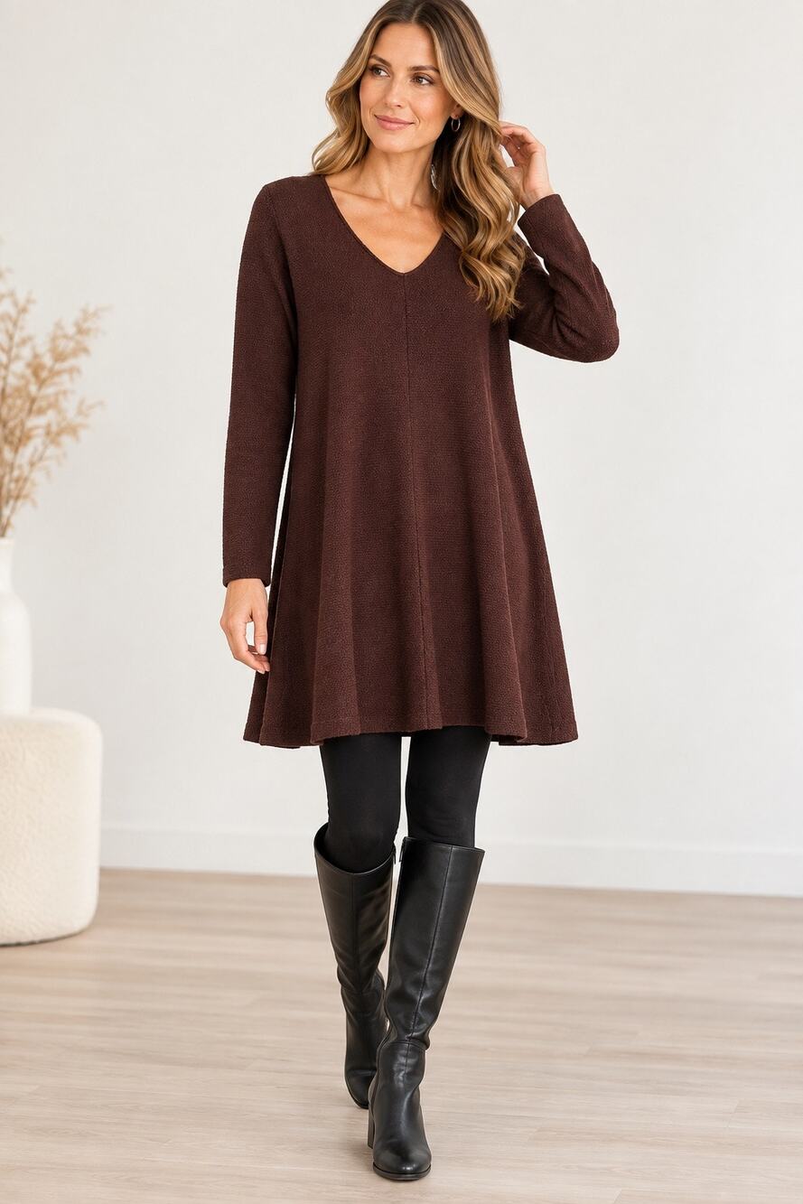 Eileen Fisher Petite M 100% Merino Wool V-Neck A-Line Sweater Dress PM/PM Brown